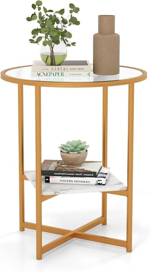 Costway Bijzettafel gehard glas wit en goud 50 x 50 x 60 cm