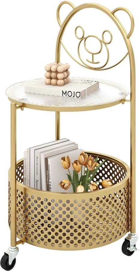 Costway Bijzettafel glas met wieltjes 2-traps glazen tafel rond met berenpatroon nachtkastje met opbergmand salontafel koffietafel modern voor woonkamer slaapkamer 40 x 36 5 x 71 cm (goud)