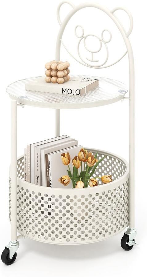 Costway Bijzettafel glas met wieltjes 2-traps glazen tafel rond met berenpatroon nachtkastje met opbergmand salontafel koffietafel modern voor woonkamer slaapkamer 40 x 36 5 x 71 cm (wit)