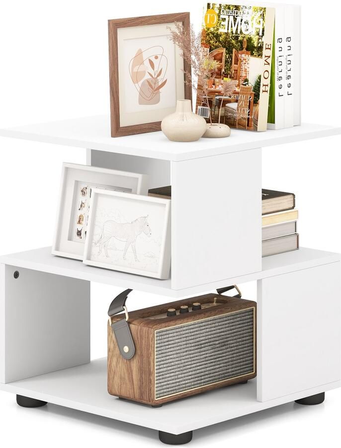 Costway Bijzettafel met 3 niveaus modern nachtkastje salontafel met legplanken en antislip voetkussens banktafel wit accenttafel voor slaapkamer woonkamer werkkamer en kantoor