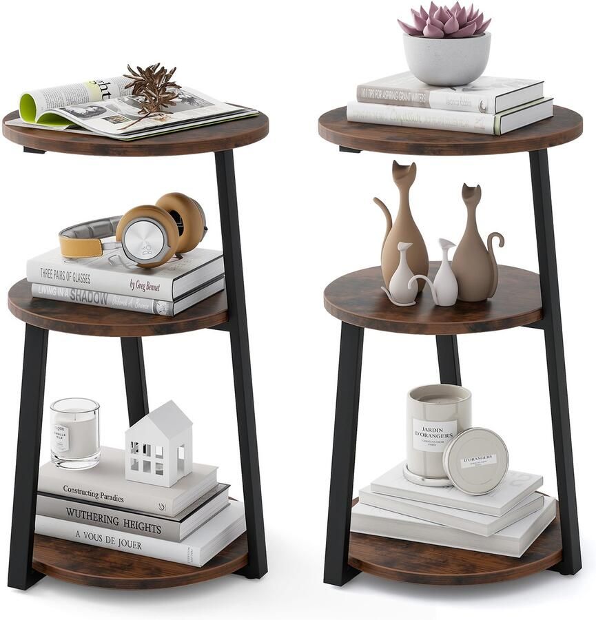 Costway Bijzettafel met 3 niveaus set van 2 ronde salontafel met metalen frame en verstelbare voetkussens nachtkastje voor kleine ruimte kleine salontafel voor woonkamer slaapkamer