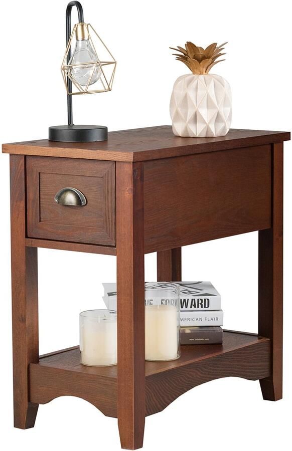 Costway Bijzettafel met lade en plank 2 verdiepingen tellende salontafel smal nachtkastje koffietafel voor woonkamer slaapkamer 56 x 33 x 58 5 cm (roodbruin)