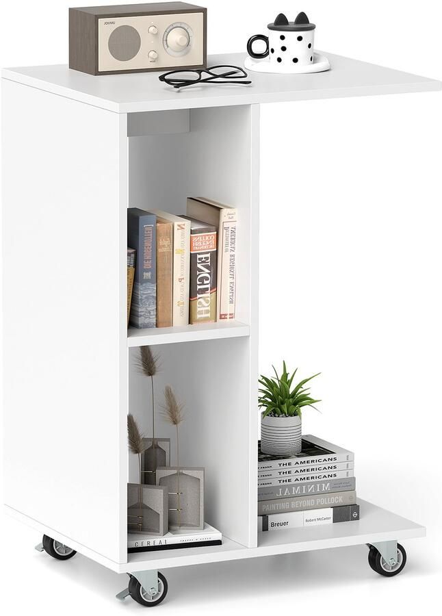 Costway Bijzettafel met wielen banktafel C-vorm nachtkastje hout salontafel tijdschriftenrek met planken voor woonkamer & slaapkamer 45 x 35 x 64 5 cm wit