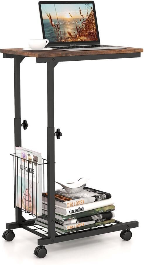 Costway Bijzettafel met wieltjes laptoptafel in hoogte verstelbaar met opbergmand banktafel C-vorm bedtafel industrieel metalen frame 50 x 30 x 80 cm (rustiek bruin)