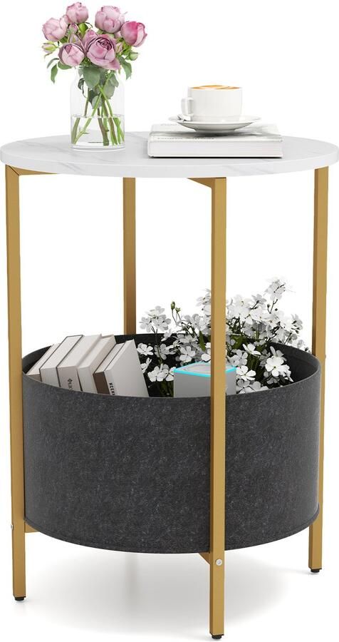 Costway Bijzettafel rond kleine tafel woonkamertafel met stoffen mand nachtkastje modern 2 niveaus salontafel klein metalen frame voor woonkamer slaapkamer (wit)