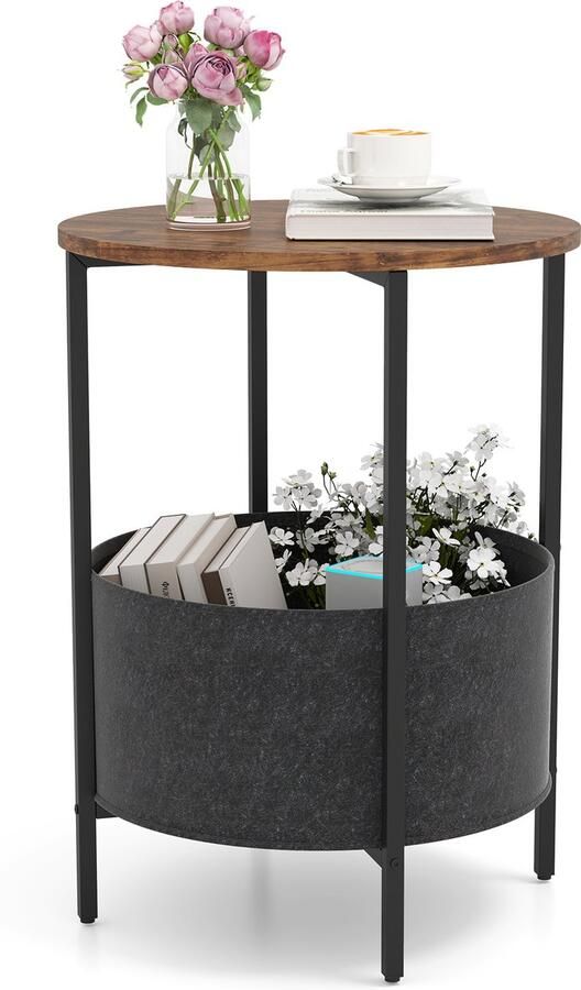 Costway Bijzettafel rond kleine tafel woonkamertafel met stoffen mand nachtkastje modern 2 niveaus salontafel klein metalen frame voor woonkamer slaapkamer (bruin)
