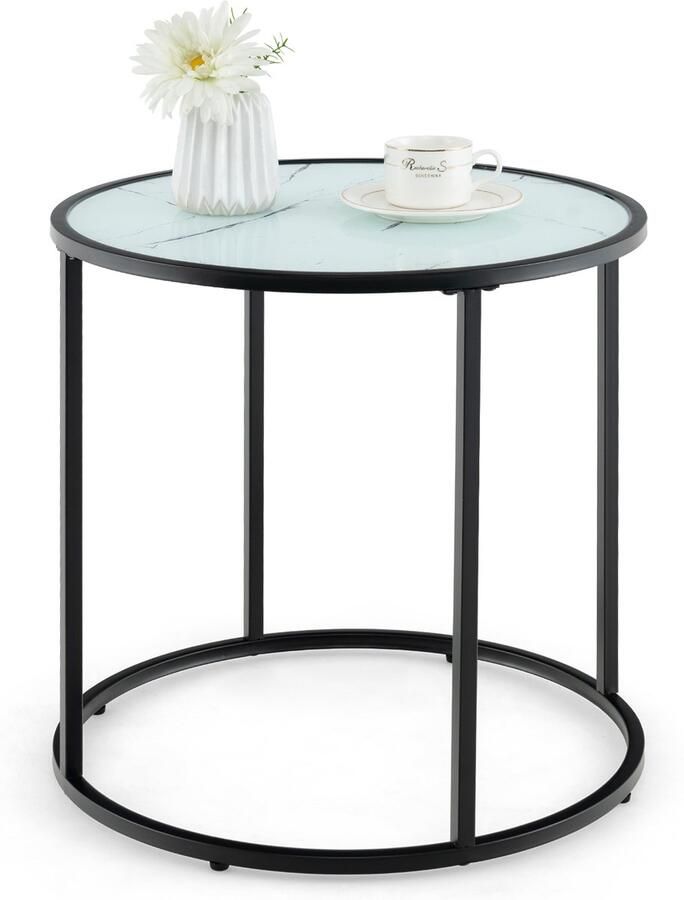 Costway Bijzettafel ronde salontafel koffietafel met marmeren imitatie glasplaat en verstelbare poten kleine salontafel voor woonkamer slaapkamer 50 x 50 x 50 cm