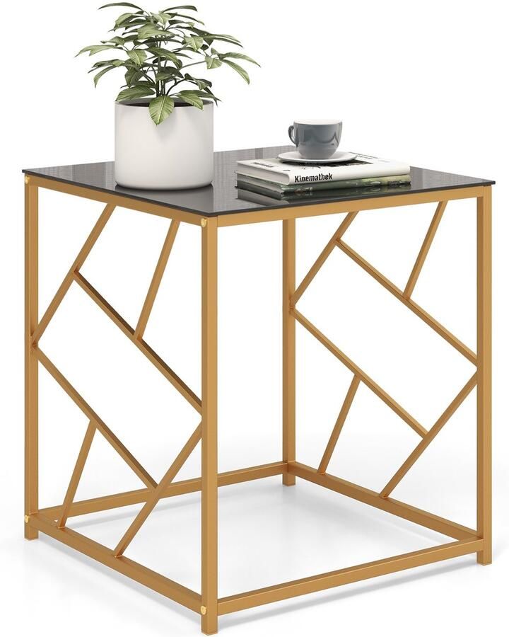 Costway Bijzettafel salontafel met gehard glasplaat en metalen frame 50 x 50 x 55 cm moderne salontafel voor woonkamer en slaapkamer zwart + goud