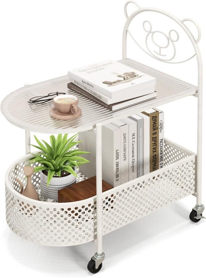 Costway Bijzettafel van glas met wieltjes 2-traps glazen tafel met berenpatroon nachtkastje met opbergmand salontafel modern voor woonkamer slaapkamer 60 x 40 x 76 cm (wit)