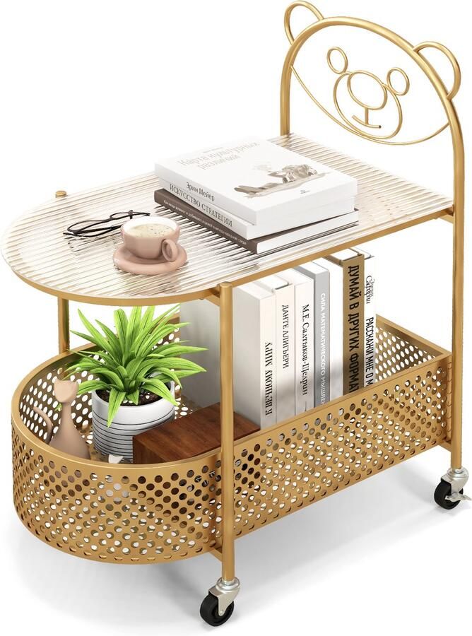 Costway Bijzettafel van glas met wieltjes 2-traps glazen tafel met berenpatroon nachtkastje met opbergmand salontafel koffietafel modern voor woonkamer slaapkamer 60 x 40 x 76 cm (goud)