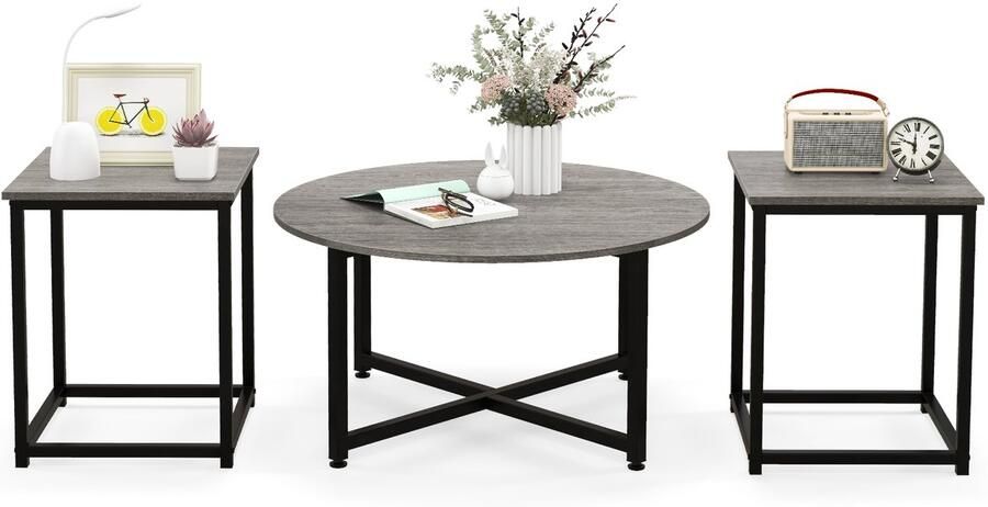 Costway Bijzettafelset metaal grijs 80 x 42 cm (d x h) 40 x 40 x 50 cm (l x b x h)