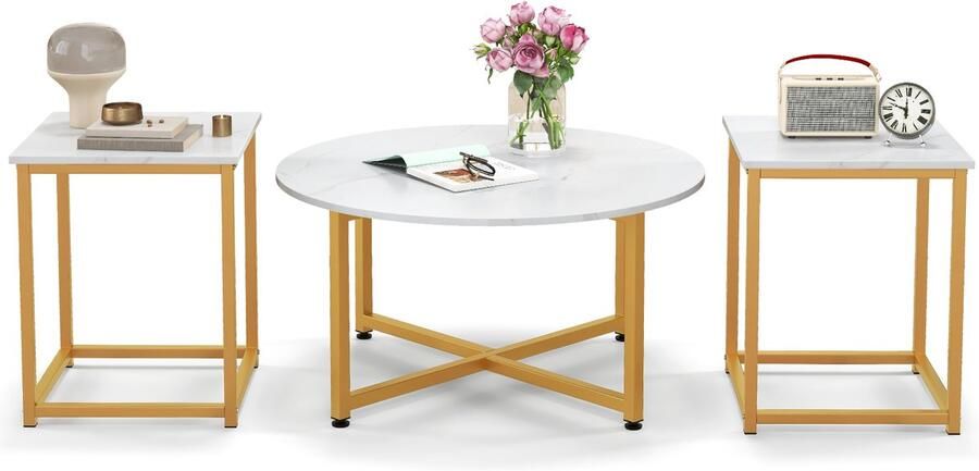 Costway Bijzettafelset metaal wit 80 x 42 cm (d x h) 40 x 40 x 50 cm (l x b x h)