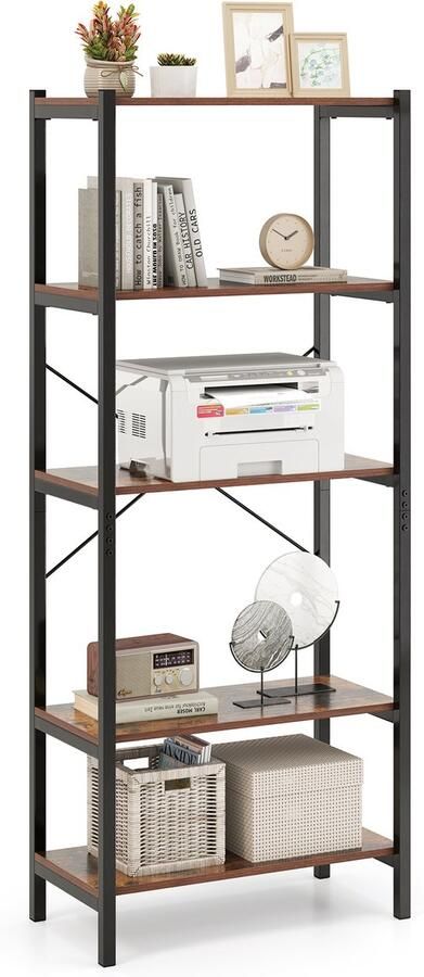 Costway Boekenkast 5 niveaus industrieel rek van hout met metalen frame vrijstaand opbergrek voor woonkamer en slaapkamer kantoor 66 x 34 x 161 cm
