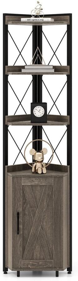 Costway Boekenkast 6 verdiepingen industrieel rek hoge kast smal met 4 planken en verstelbare planken keukenkast hoekkast ruimtebesparend 48 x 32 x 180 cm (grijs)