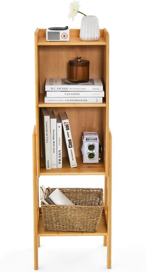 Costway Boekenkast bamboe staand rek met 4 niveaus staand rek A-vormig frame kinderrek voor kleine ruimtes slaapkamer woonkamer (4 niveaus)