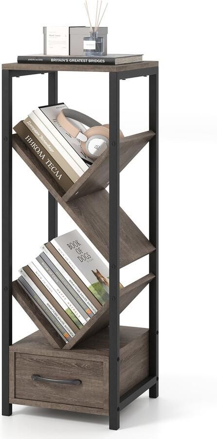 Costway Boekenkast in boomvorm 4 niveaus staand rek met lade en metalen frame cd- en dvd-plank kantoorrek vrijstaand opbergrek voor woonkamer slaapkamer 30 5 x 30 5 x 91 5 cm