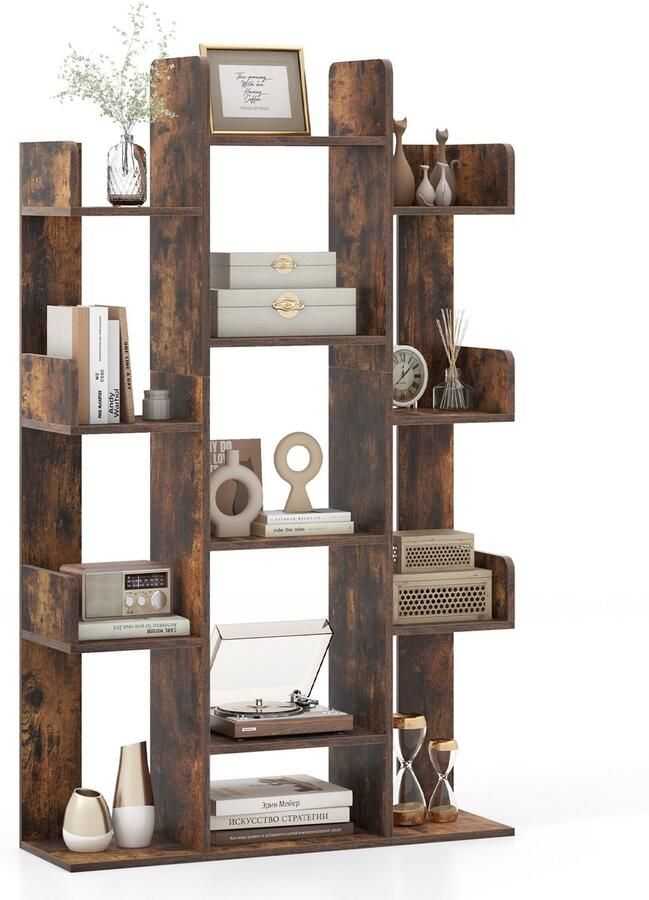 Costway Boekenkast in boomvorm rek met 13 open vakken staand rek opbergrek voor woonkamer of kantoor vintage bruin 86 x 24 5 x 141 cm