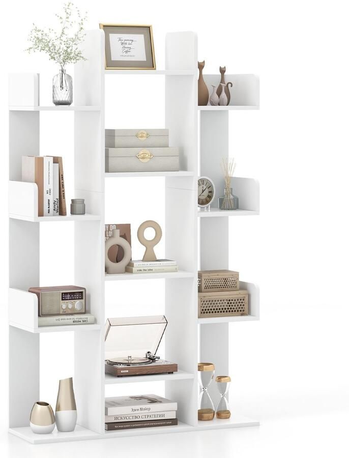 Costway Boekenkast in boomvorm rek met 13 open vakken staand rek opbergrek voor woonkamer of kantoor vintage bruin 86 x 24 5 x 141 cm wit