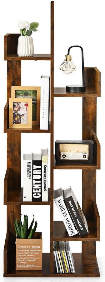Costway Boekenkast in boomvorm staand rek met 8 vakken plank opbergrek voor woonkamer slaapkamer kantoor 50 x 25 x 145 cm (vintage bruin)