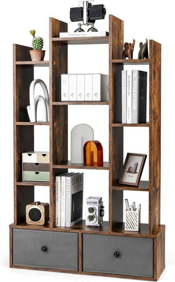 Costway Boekenkast in boomvorm staand rek met laden rek met 12 vakken opbergrek voor woonkamer slaapkamer 80 x 24 x 132 cm (vintage bruin)