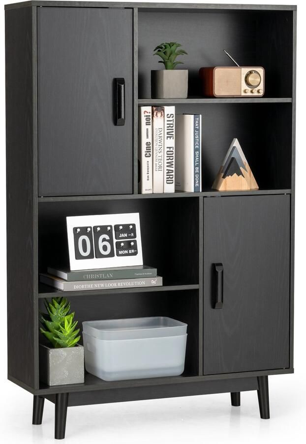 Costway Boekenkast met 2 deuren en 4 open planken hout staand rek houten rek opbergrek voor woonkamer werkkamer 80 x 24 x 120 cm (zwart)