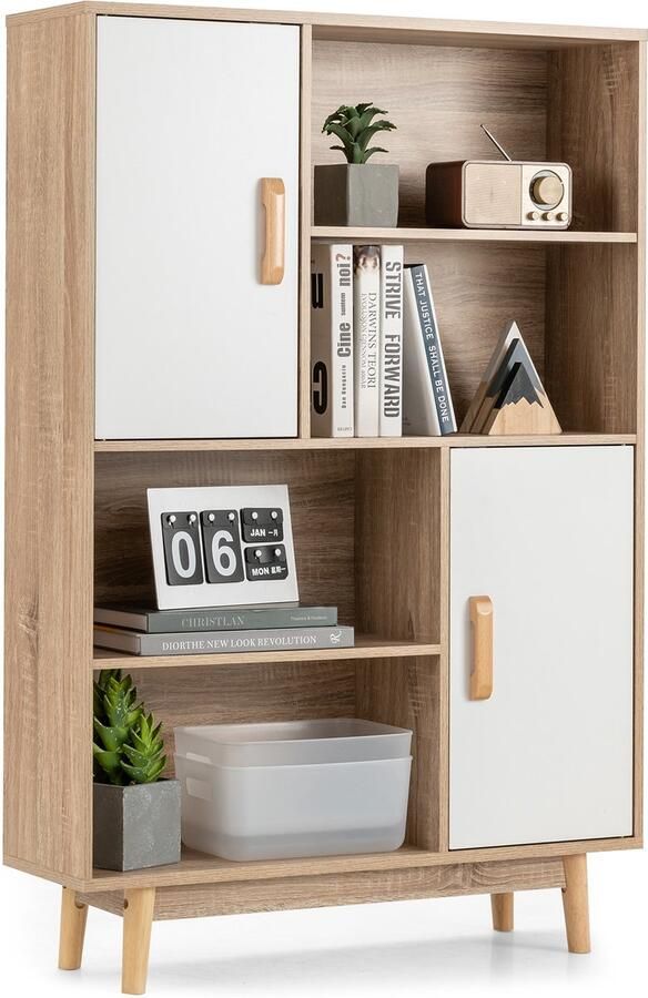 Costway Boekenkast met 2 deuren en 4 open planken hout staand rek houten rek opbergrek voor woonkamer werkkamer 80 x 24 x 120 cm (wit)