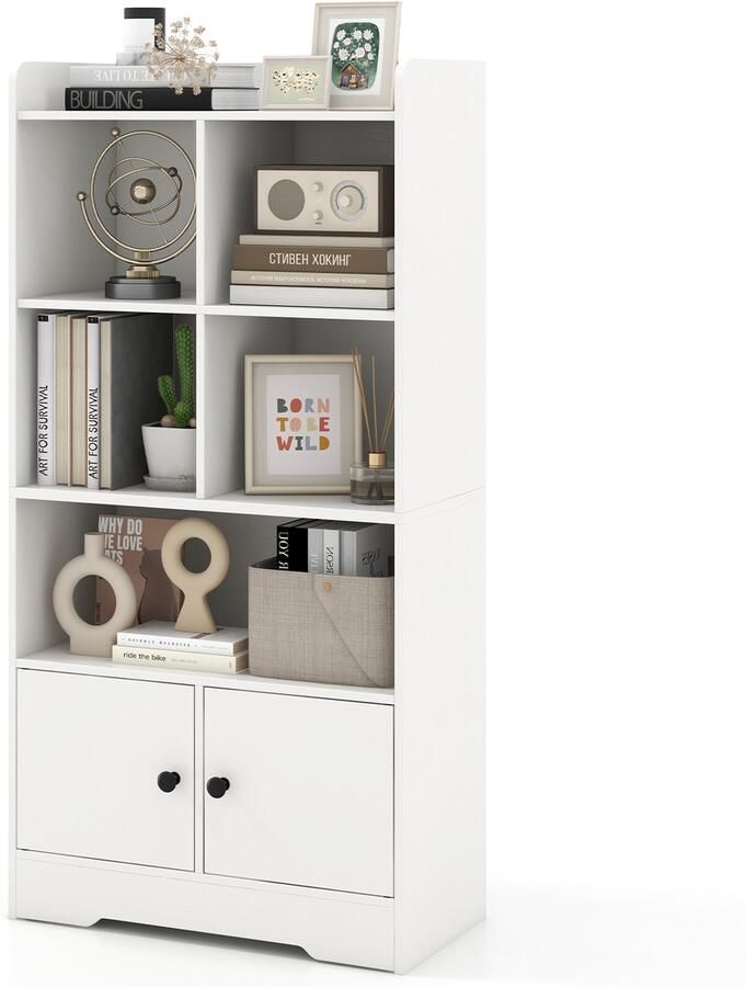 Costway Boekenkast met 2 deuren en 5 vakken witte boekenkast van hout staand rek vrijstaand kantoorrek opbergrek voor woonkamer slaapkamer 60 x 29 5 x 120 cm