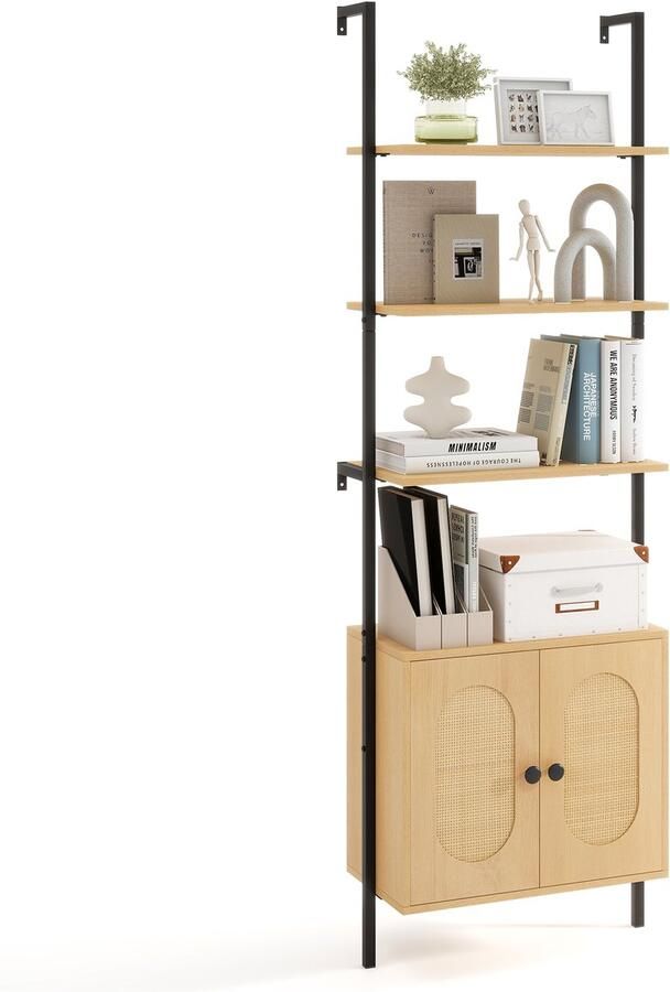 Costway Boekenkast met 3 niveaus met rotankast 184 cm ladderrek wandmontage open presentatierek met metalen frame en verstelbare planken voor woonkamer kantoor 60 x 30 x 184 cm