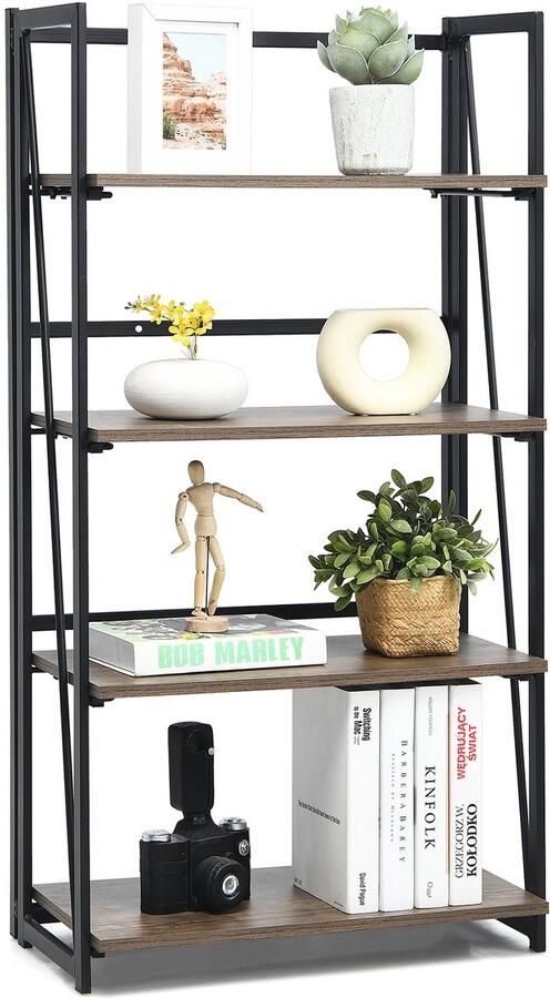 Costway Boekenkast met 4 niveaus inklapbaar staand rek ladderrek met metalen frame industriële opbergplank voor woonkamer badkamer keuken rustiek bruin