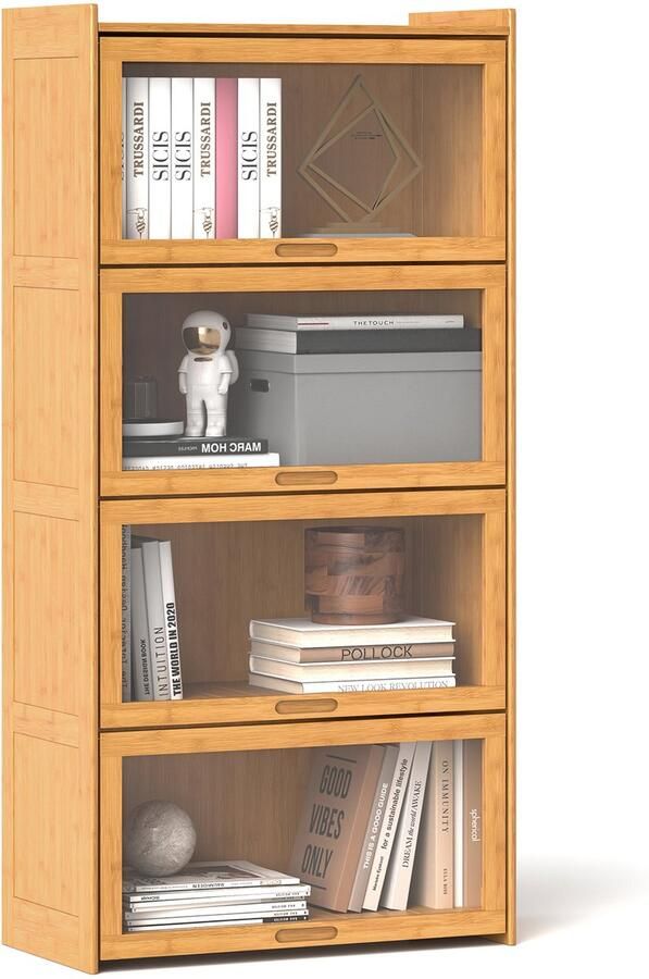 Costway Boekenkast met 4 verdiepingen met acryldeuren vitrinekast van bamboe met 4 vakken vrijstaand opbergrek voor werkkamer woonkamer 69 x 34 x 140 cm (natuur)