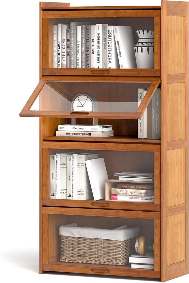 Costway Boekenkast met 4 verdiepingen met acryldeuren vitrinekast van bamboe met 4 vakken vrijstaand opbergrek voor werkkamer woonkamer 69 x 34 x 140 cm (bruin)