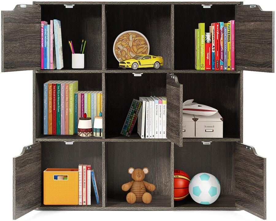 Costway Boekenkast met 5 deuren en 9 vakken staand rek kantoorrek vrijstaand opbergrek voor woonkamer slaapkamer 90 x 29 x 90 cm grijs