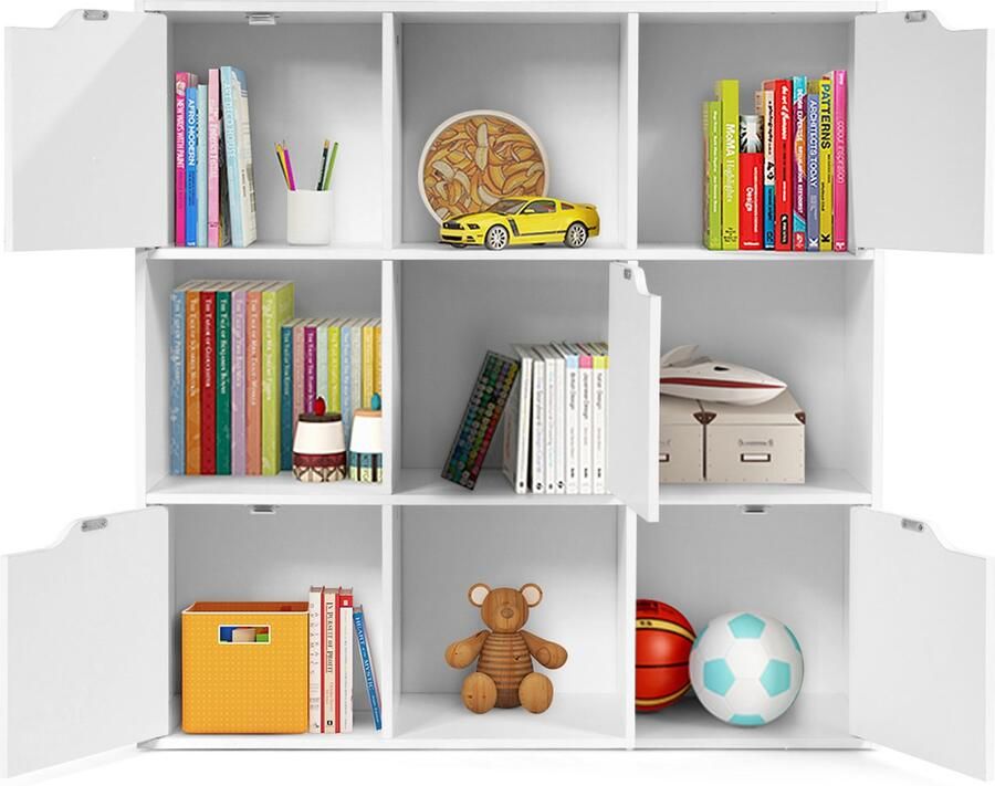 Costway Boekenkast met 5 deuren en 9 vakken staand rek kantoorrek vrijstaand opbergrek voor woonkamer slaapkamer 90 x 29 x 90 cm wit