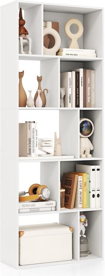 Costway Boekenkast met 5 niveaus staand rek met 10 vakken wit van hout kubusrek vrijstaande boekenkast opbergrek voor woonkamer werkkamer 60 x 25 x 160 cm