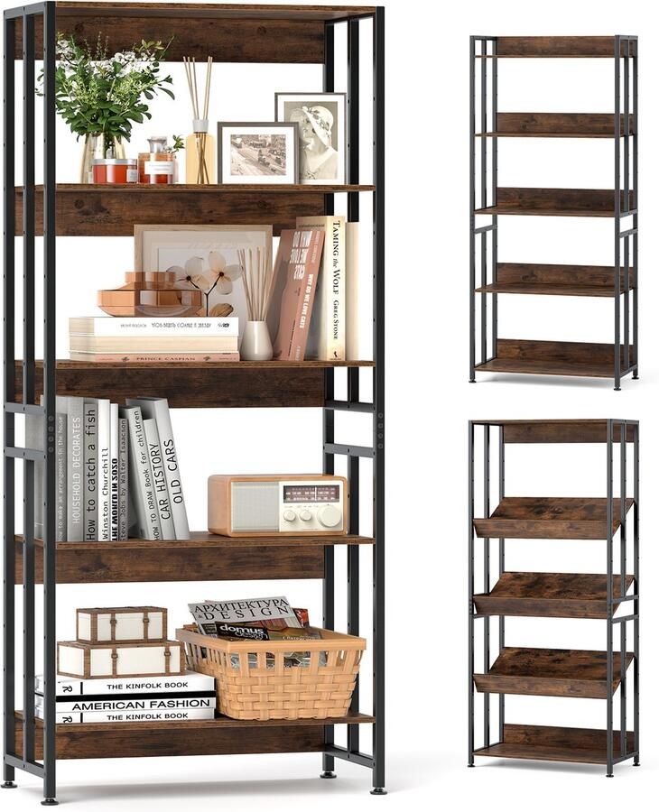 Costway Boekenkast met 5 niveaus staand rek met kantelbare planken industrieel rek met metalen frame voor woonkamer slaapkamer werkkamer 70 x 35 x 157 cm