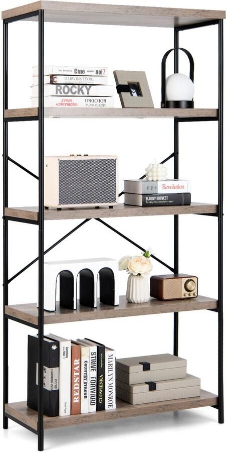 Costway Boekenkast met 5 niveaus staand rek met metalen frame vrijstaand rek kantoorrek voor woonkamer slaapkamer werkkamer 79 x 35 x 160 cm industrieel design (reizen)