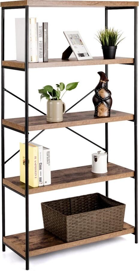 Costway Boekenkast met 5 niveaus staand rek met metalen frame vrijstaand rek kantoorrek voor woonkamer slaapkamer werkkamer 79 x 35 x 160 cm industrieel design (bruin)