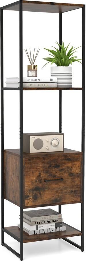 Costway Boekenkast met 5 verdiepingen boekenkast met open planken en metalen frame staand rek industrieel opbergrek voor woonkamer slaapkamer 45 x 35 x 160 cm (bruin)