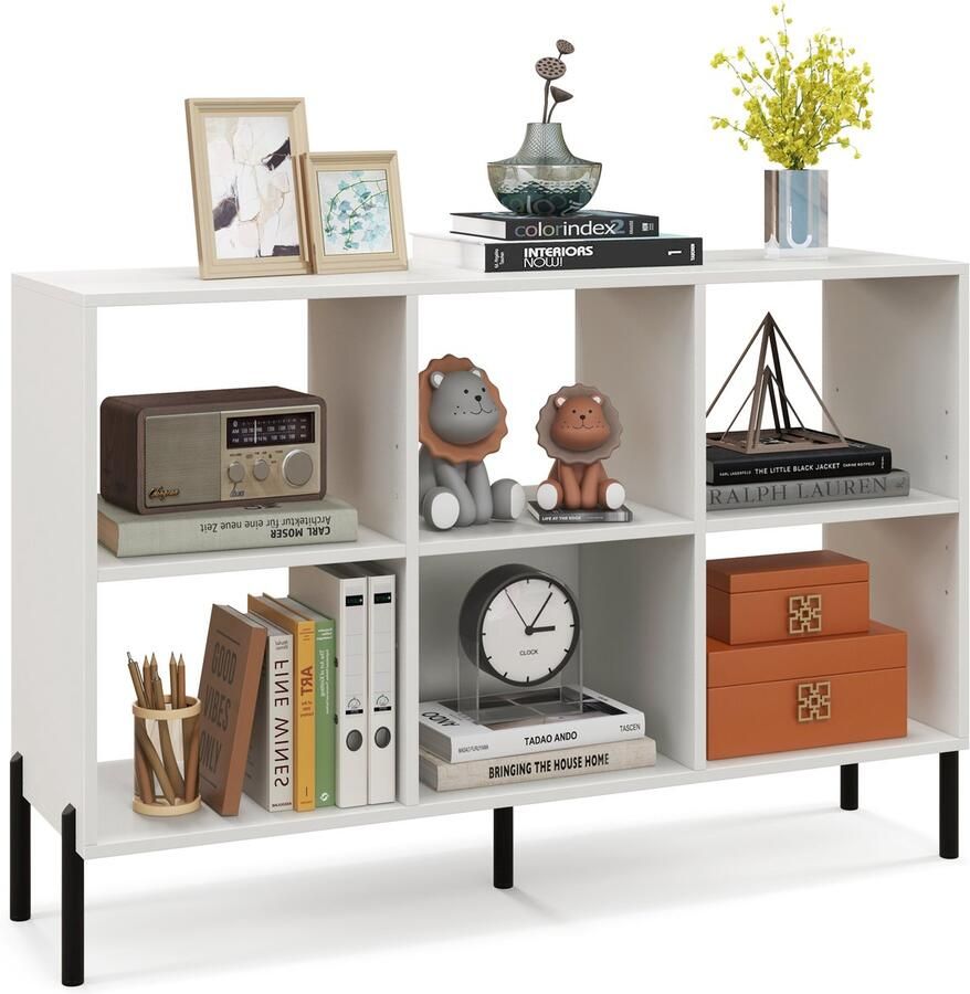 Costway Boekenkast met 6 vakken staand rek met verhoogde metalen poten en verstelbare planken kubusrek opbergrek voor woonkamer slaapkamer werkkamer 120 x 35 x 79 5 cm wit