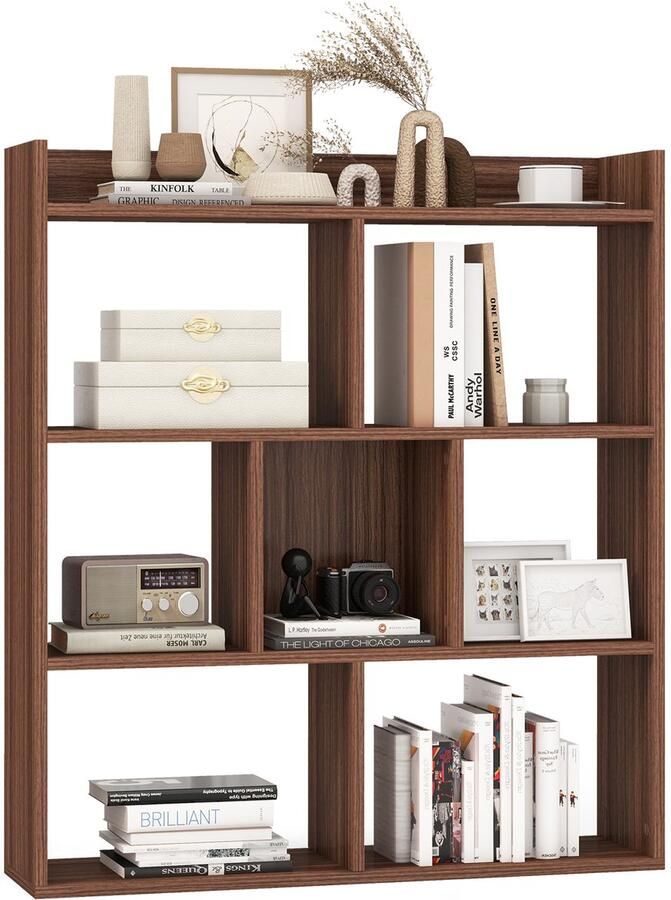 Costway Boekenkast met 7 vakken staand rek kubusrek opbergrek voor woonkamer slaapkamer kantoor 80 x 20 x 90 cm (walnoot)