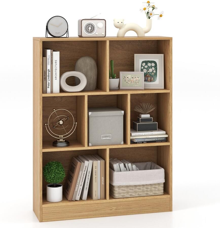Costway Boekenkast met 7 vakken staand rek met 3 niveaus kubusrek kantoorplank opbergrek voor woonkamer slaapkamer werkkamer kantoor 80 x 24 x 104 cm (natuur)