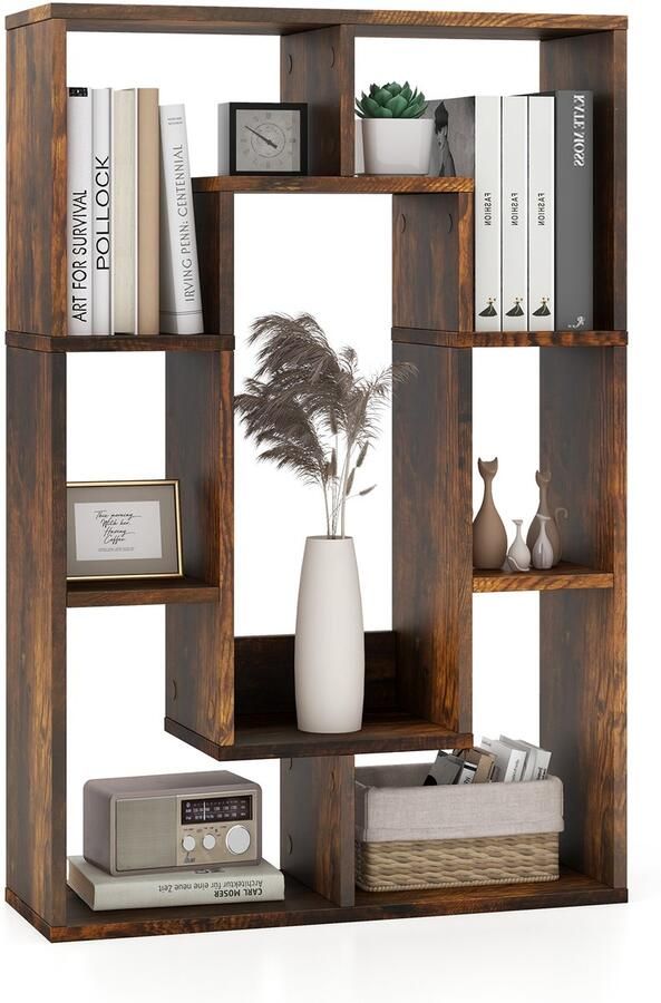 Costway Boekenkast met 7 vakken staand rek ruimteverdeler kubusrek met kantelbeveiliging opbergrek voor woonkamer werkkamer kantoor (koffie 60 x 20 x 90 cm)