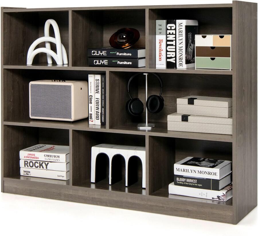 Costway Boekenkast met 8 vakken staand rek opbergrek voor woonkamer slaapkamer werkkamer kantoor grijs 122 x 32 x 93 cm