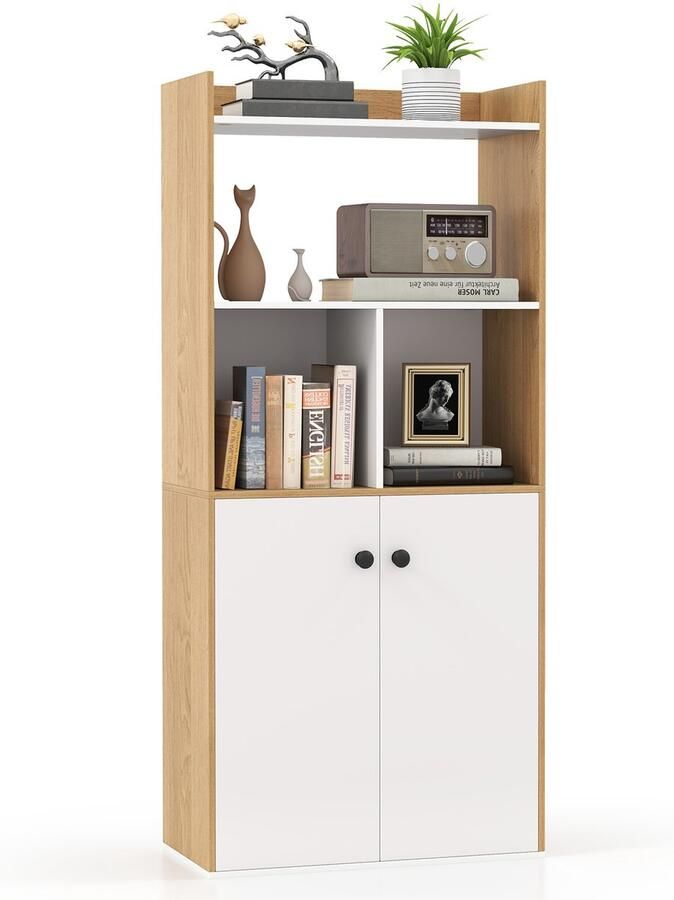 Costway Boekenkast met dubbele deurkast 3 verdiepingen staand rek met open vakken vrijstaande boekenkast voor woonkamer werkkamer keuken opbergkast 60 x 30 x 140 cm