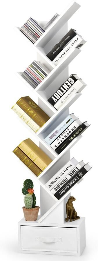 Costway Boekenkast met lade 8 verdiepingen staand rek boomvorm cd- en dvd-plank voor slaapkamer woonkamer en thuiskantoor 38 x 21 5 x 149 5 cm (wit)