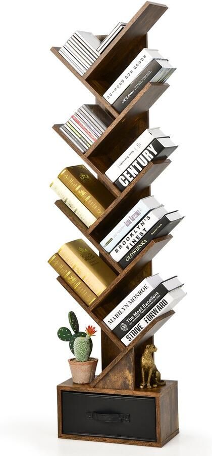 Costway Boekenkast met lade 8 verdiepingen staand rek boomvorm cd- en dvd-plank voor slaapkamer woonkamer en thuiskantoor 38 x 21 5 x 149 5 cm (rustiek bruin)