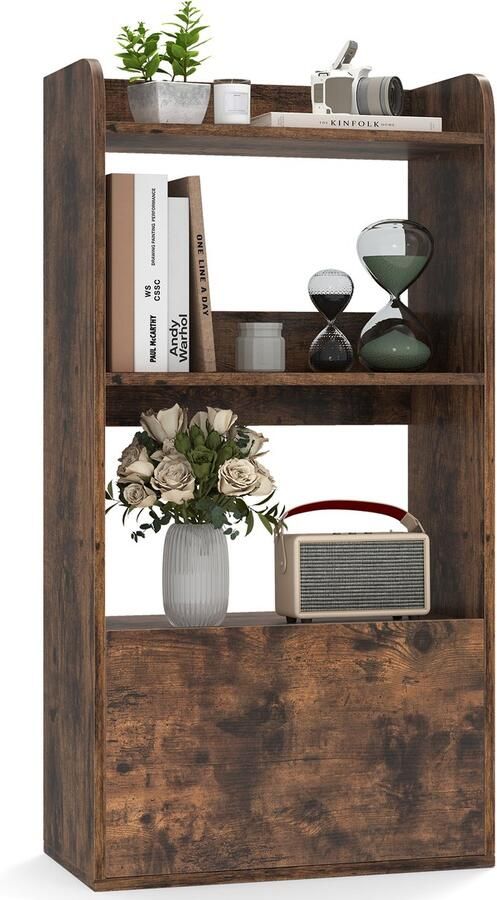 Costway Boekenkast met lade staand rek met 2 vakken kantoorrek van hout kubusrek opbergrek voor woonkamer slaapkamer 55 x 29 x 105 cm (rustiek bruin)