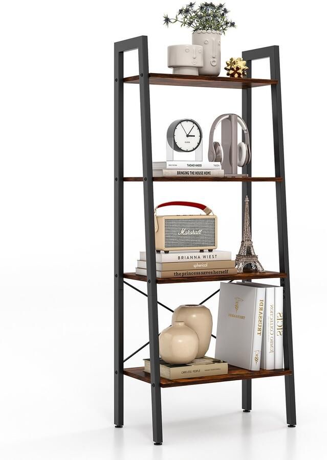 Costway Boekenkast rek met 4 niveaus houten ladderrek met kantelbeveiligingen en verstelbare voetkussens metalen frame voor woonkamer werkkamer en kantoor (rustiek bruin)
