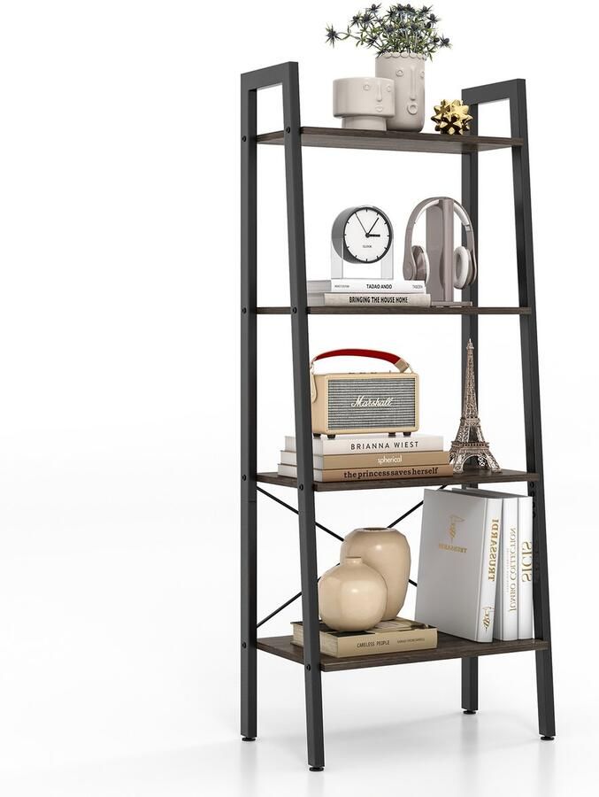 Costway Boekenkast rek met 4 niveaus houten ladderrek met kantelbeveiligingen en verstelbare voetkussens metalen frame voor woonkamer werkkamer en kantoor (grijs eiken)