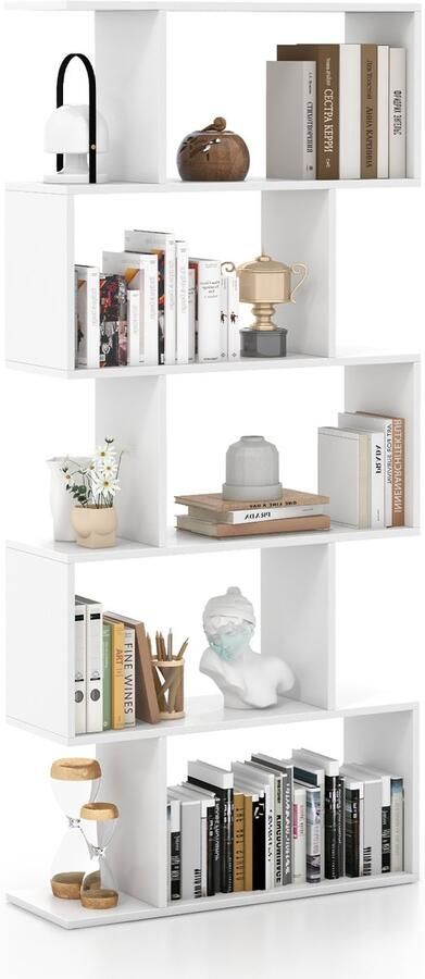 Costway Boekenkast rek met 5 niveaus staand rek van hout kantoorplank opbergplank ruimteverdeler rek voor woonkamer slaapkamer kantoor 70 x 23 5 x 158 cm (wit)